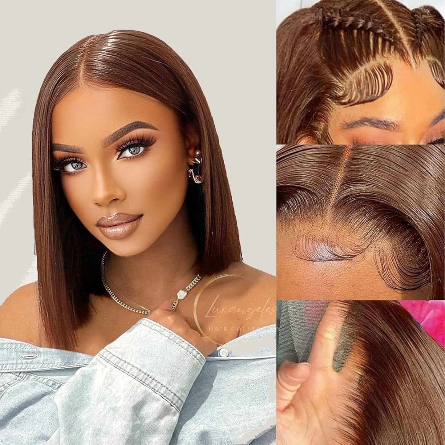 Chocolate Brown Straight Lace Front Wig 4X4Hd Brown Closure Wigs Golden Brown Wig Short Bob Wigs for Straight Bob Wigs Pre Plucked with Baby Hair 180% Density