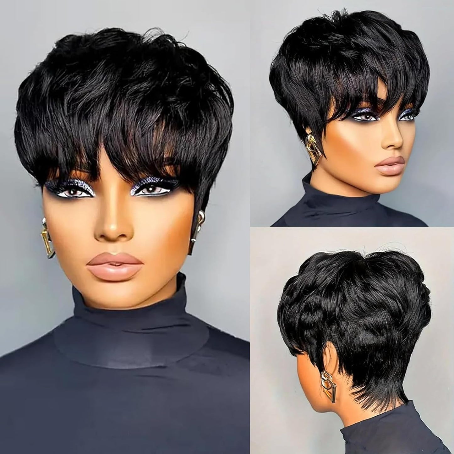 Short Pixie Cut Wigs Human Hair Short Wigs for Black Women Glueless Wigs Pre Plucked Short Wigs with Bangs for Daily Use Natural Black 1B