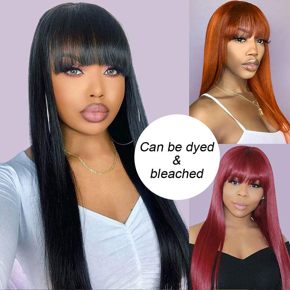 Human Hair Wigs with Bangs Brazilian Straight Wigs for Black Women Human Hair Glueless 150% Density None Lace Front Wigs Machine Made Wig Natural Color (18 Inch)