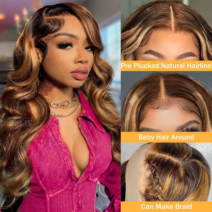 Ombre Lace Front Wig Human Hair 4/27 13X4 Body Wave Highlight Lace Front Wig Human Hair Pre Plucked with Baby Hair Honey Blonde Wig Human Hair 180% Density Colored Wigs Human Hair for Women 30 Inch