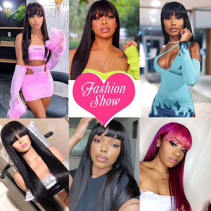 Human Hair Wigs with Bangs Brazilian Straight Wigs for Black Women Human Hair Glueless 150% Density None Lace Front Wigs Machine Made Wig Natural Color (18 Inch)