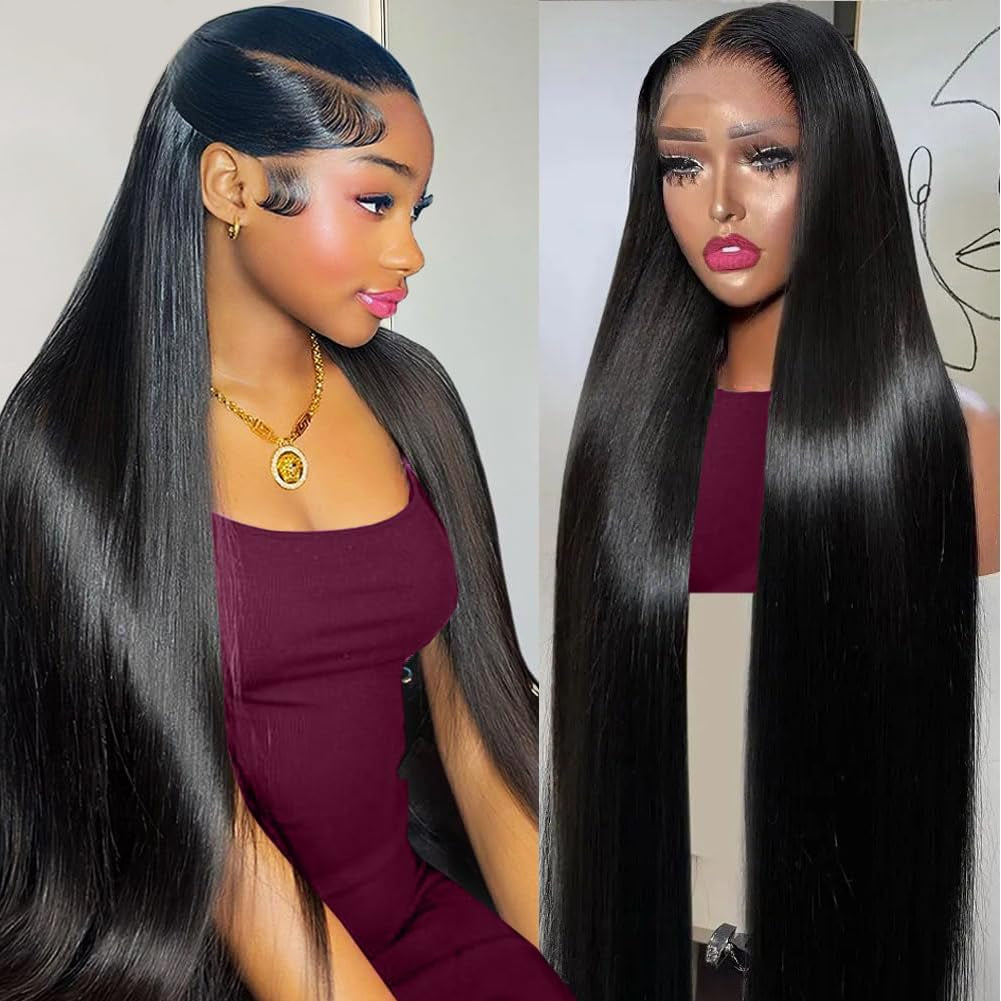 34 Inch Lace Front Wigs Human Hair 200 Density 13X4 HD Lace Front Wigs Human Hair Pre Plucked Glueless Wigs Human Hair for Women Straight Lace Frontal Wigs Human Hair Natural Color