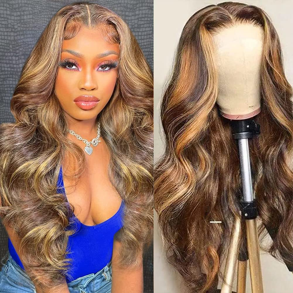 Highlight 13X4 Lace Front Wigs Human Hair Ombre 4/27 Honey Blonde Frontal Wigs Pre Plucked with Baby Hair Body Wave Wigs Human Hair Wigs for Black Women 150% Density Colored 24 Inch