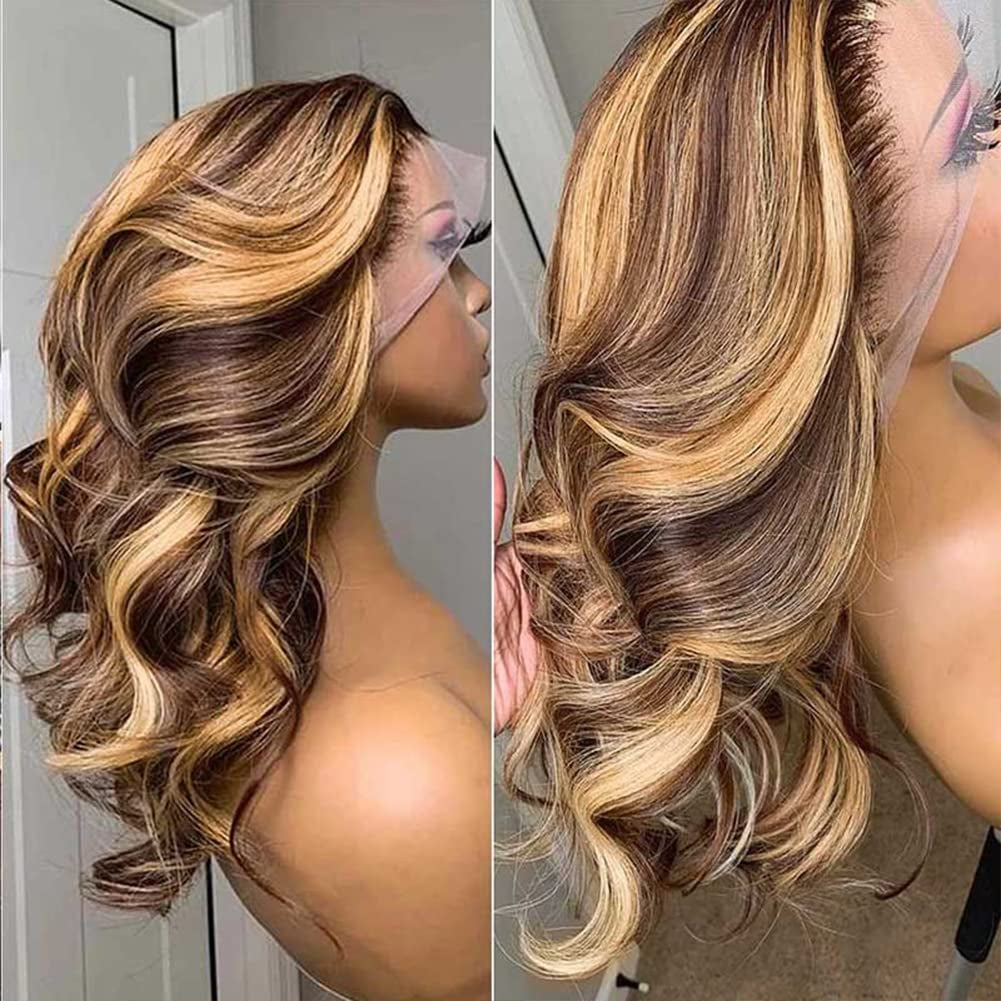 Highlight 13X4 Lace Front Wigs Human Hair Ombre 4/27 Honey Blonde Frontal Wigs Pre Plucked with Baby Hair Body Wave Wigs Human Hair Wigs for Black Women 150% Density Colored 24 Inch