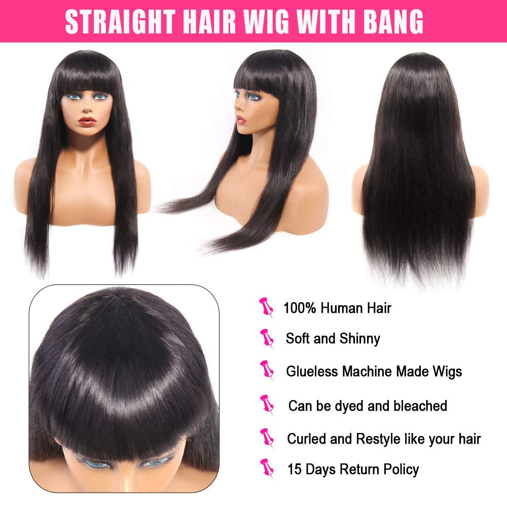 Human Hair Wigs with Bangs Brazilian Straight Wigs for Black Women Human Hair Glueless 150% Density None Lace Front Wigs Machine Made Wig Natural Color (18 Inch)