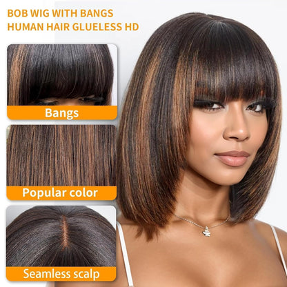 Bob Wig Human Hair with Bangs Glueless 2.5X1 HD Lace Colsure Wigs Human,Yaki Bob Wig with Brown Highlights, Ready to Go Short Wigs for Women Beginner Friendly