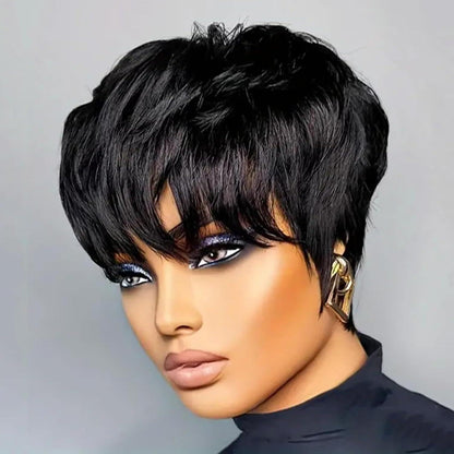 Short Pixie Cut Wigs Human Hair Short Wigs for Black Women Glueless Wigs Pre Plucked Short Wigs with Bangs for Daily Use Natural Black 1B