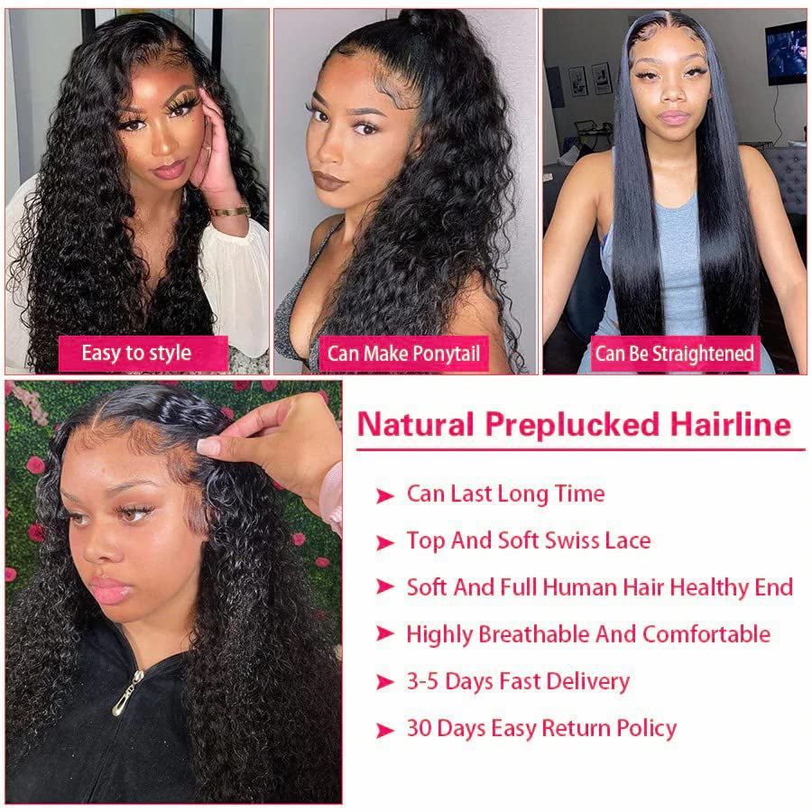 28 Inch Deep Wave Lace Front Wigs Human Hair 13X4 HD Transparent Lace Frontal Wigs Human Hair for Women Brazilian Curly Glueless Wigs Human Hair Pre Plucked Natural Black Color