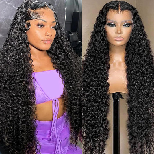 13X6 Deep Wave Lace Front Wigs Human Hair Wigs for Women 180% Density Deep Curly Lace Front Wig Human Hair HD Lace Frontal Wigs Human Hair Pre Plucked with Baby Hair Natural Black（24Inch