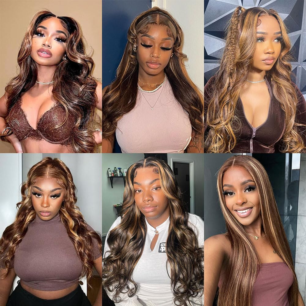 30 Inch Ombre Lace Front Wigs Human Hair Pre Plucked with Baby Hair Highlight 13X4 Body Wave Lace Front Wigs Human Hair 180% Density 4/27 Color Honey Blonde Lace Front Wigs