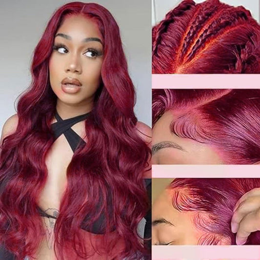 Wine Red Body Wave Wigs Human Hair, Auburn Lace Long Curly Wigs, Body Wave Wigs Glueless Human Hair Wigs, Large Wave Human Hair Wig Headcover, Women'S Long Curly Hair (26 Inch)