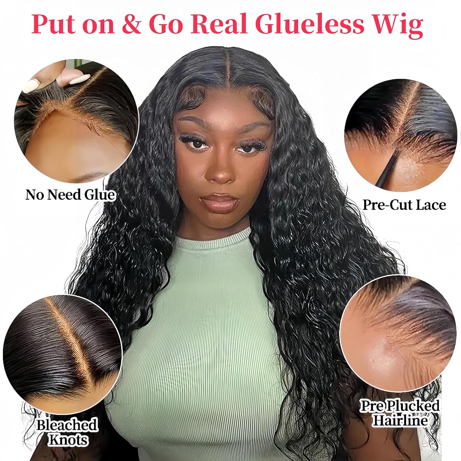 Wear and Go Glueless Wigs Human Hair Pre Plucked Pre Cut 4X4 Deep Curly Lace Front Wigs Human Hair Wigs for Women No Glue Transparent Hd Lace Front Closure Ready to Wear Wigs for Beginners（18 Inch）