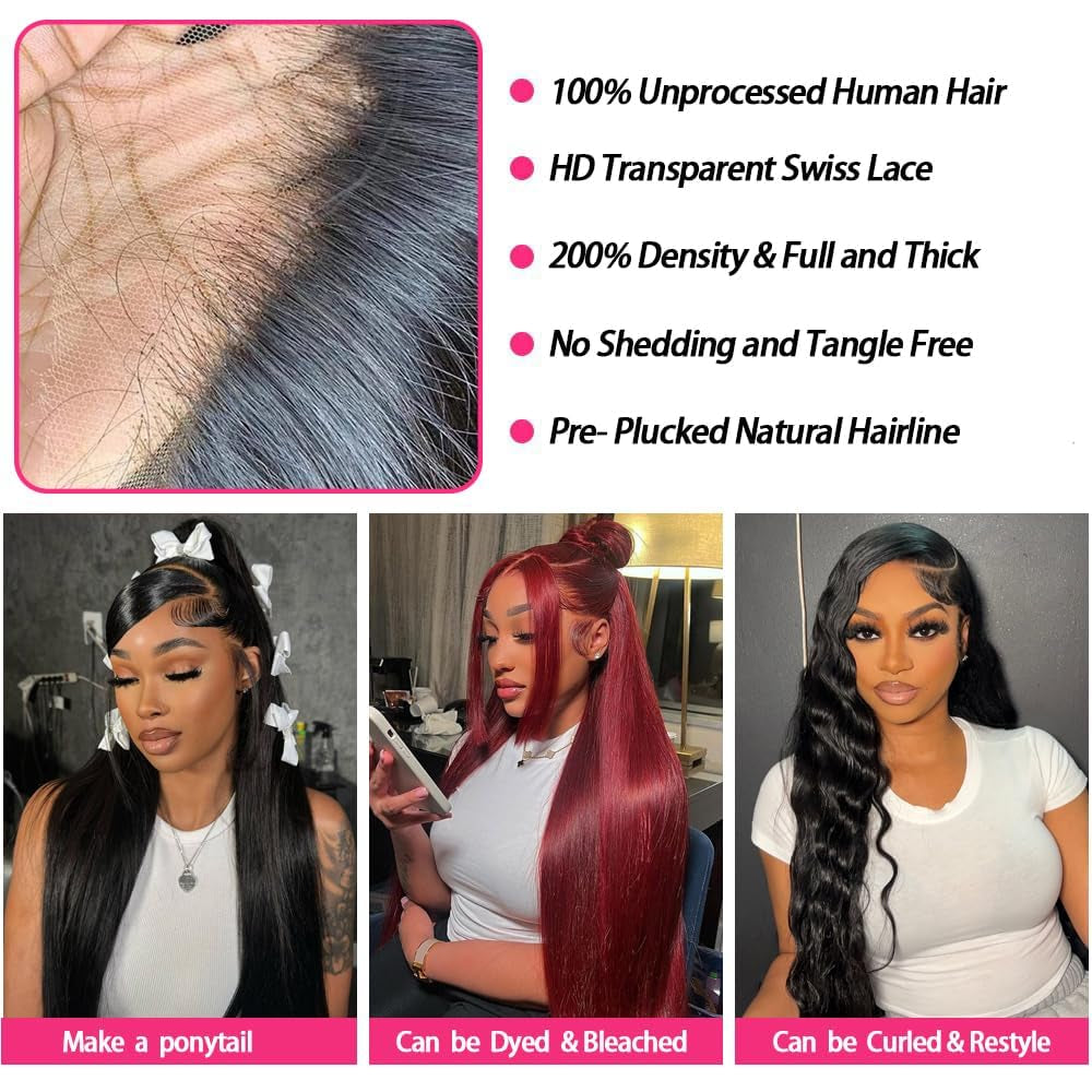 34 Inch Lace Front Wigs Human Hair 200 Density 13X4 HD Lace Front Wigs Human Hair Pre Plucked Glueless Wigs Human Hair for Women Straight Lace Frontal Wigs Human Hair Natural Color