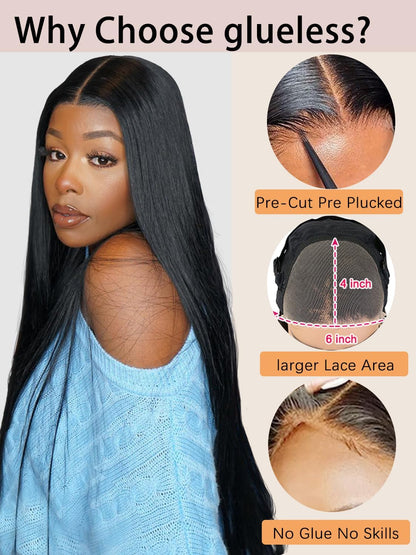 Wear and Go Glueless Wigs Human Hair Pre Plucked Pre Cut 6X4 Straight Lace Front Wigs Human Hair HD Lace Closure Wigs Human Hair 180% Density Ready to Wear Wigs Human Hair for Women 30 Inch