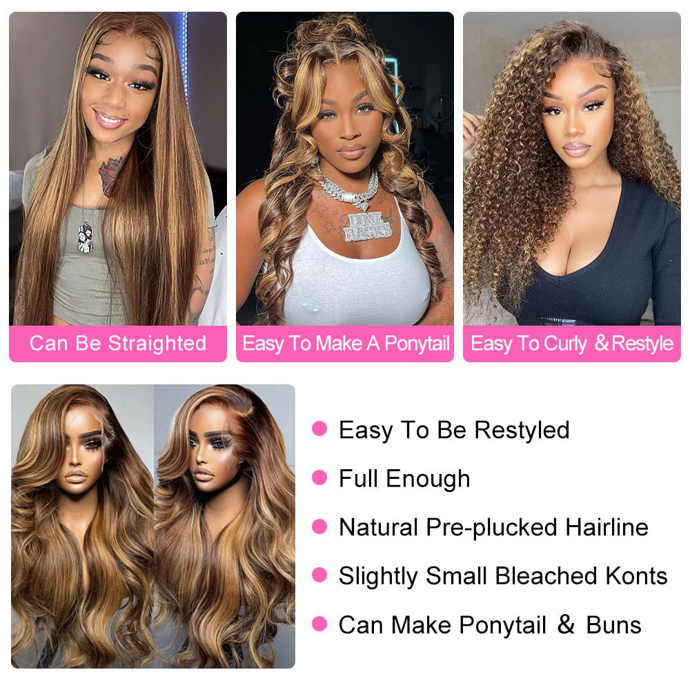 30 Inch Ombre Lace Front Wigs Human Hair Pre Plucked with Baby Hair Highlight 13X4 Body Wave Lace Front Wigs Human Hair 180% Density 4/27 Color Honey Blonde Lace Front Wigs