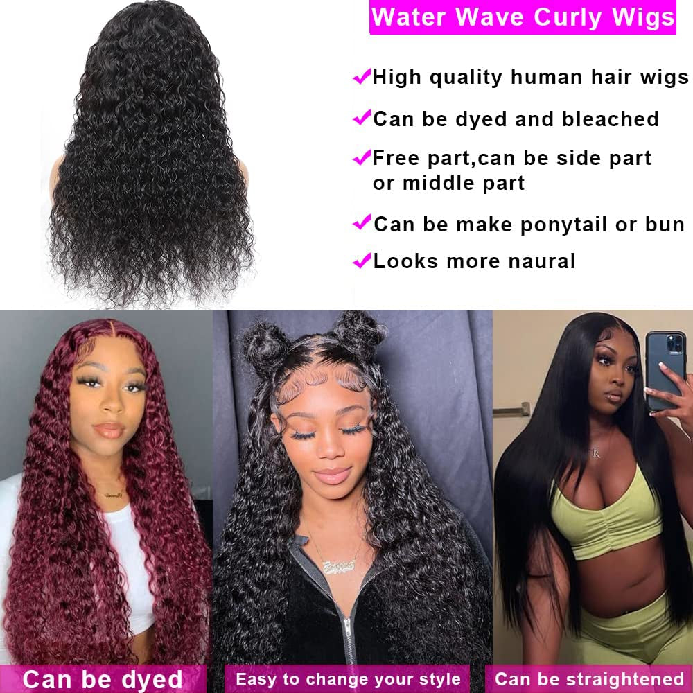 Human Hair Lace Front Wigs 28 Inch Water Wave Lace Closure Wigs 4X4 HD Transparent Lace Front Wigs Human Hair Wet and Wavy Curly Lace Wigs Free Part with Baby Hair 180% Density Natural Black