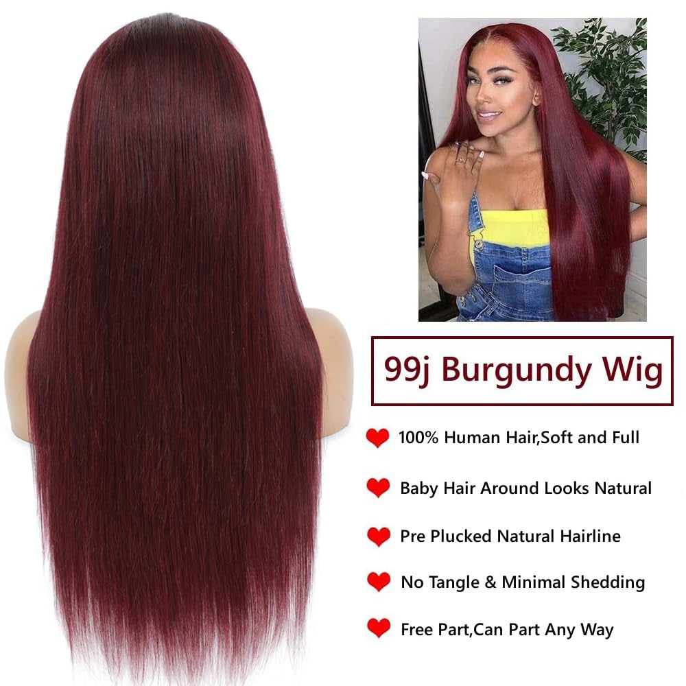 99J Burgundy Lace Front Wigs Human Hair 13X6.5 HD Burgundy Colored Lace Front Wigs Human Hair 200% Density Glueless Straight Wigs Human Hair Pre Plucked with Baby Hair (99J Burgundy Wigs, 32 Inch)