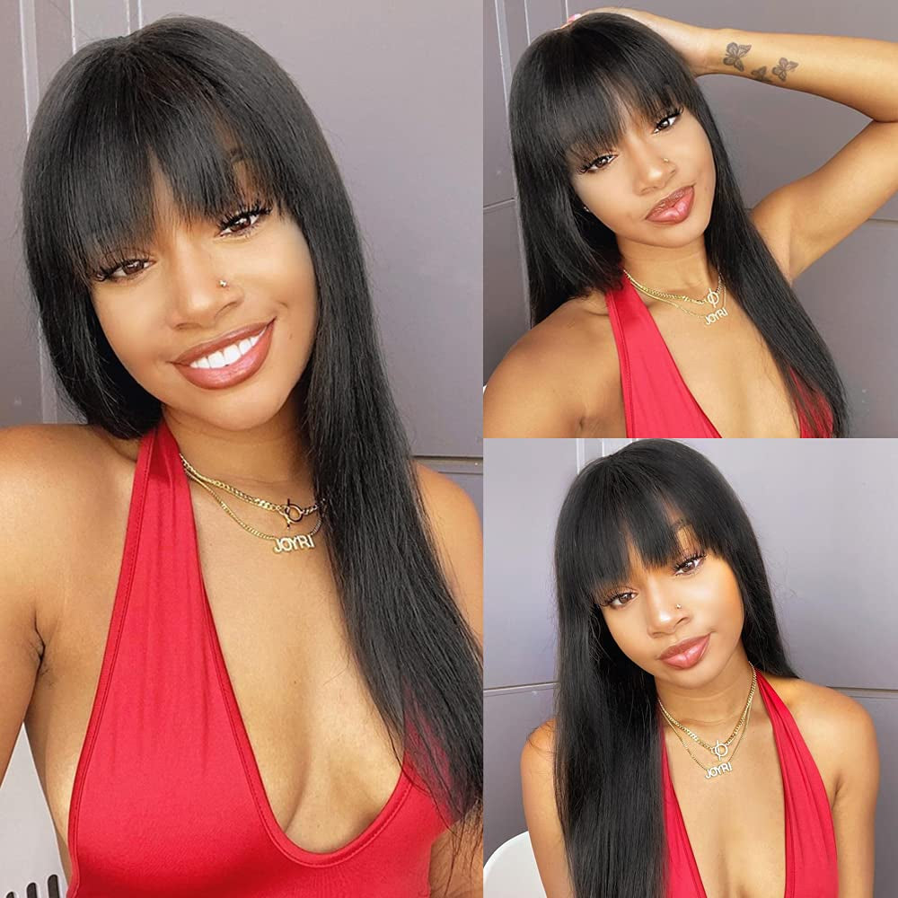 Human Hair Wigs with Bangs Brazilian Straight Wigs for Black Women Human Hair Glueless 150% Density None Lace Front Wigs Machine Made Wig Natural Color (18 Inch)