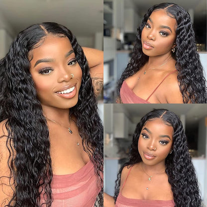 Lace Front Wigs Human Hair 4X4 Water Wave Lace Closure Brazilian 150% Density Virgin Human Hair Wigs Pre Plucked with Baby Hair Human Hair Natural Black Color Wigs for Black Women 22Inch