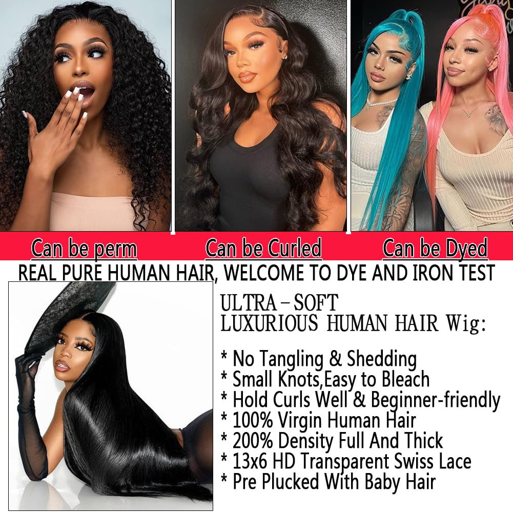 34 Inch 13X6 HD Transparent Straight Lace Front Wigs Human Hair Pre Plucked 200 Density Wigs for Black Women Gluelsss Wigs Human Hair with Baby Hair Human Hair Wig