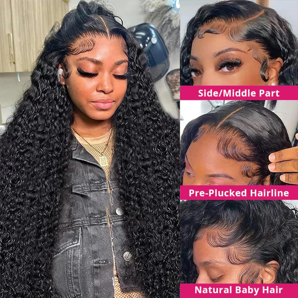 200% Density 13X6 28 Inch Deep Wave Lace Front Wigs Human Hair Curly Lace Front Wig Human Hair HD Transparent Lace Front Wigs Human Hair Pre Plucked Bleached Knots Frontal Wigs Human Hair