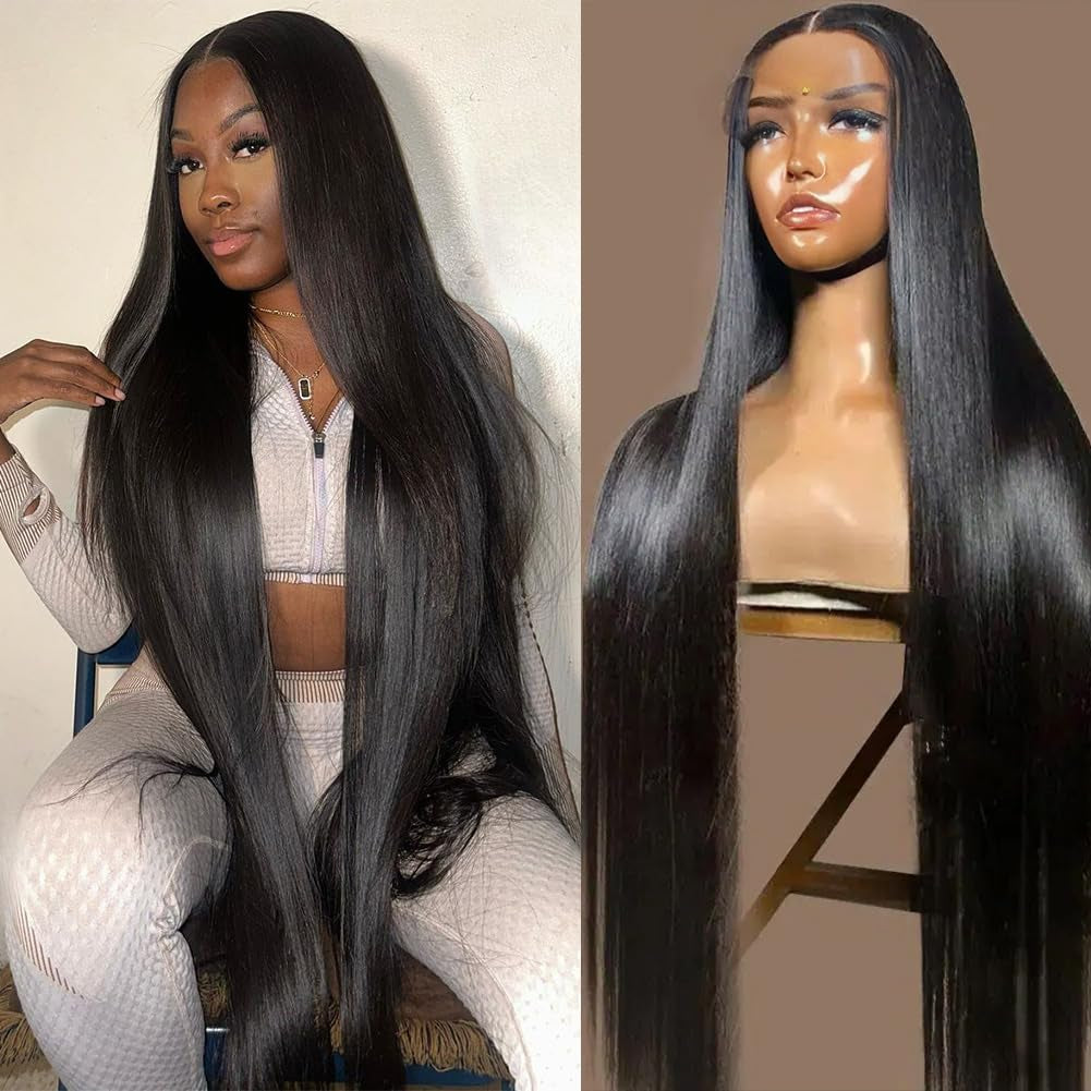 34 Inch 13X6 HD Transparent Straight Lace Front Wigs Human Hair Pre Plucked 200 Density Wigs for Black Women Gluelsss Wigs Human Hair with Baby Hair Human Hair Wig