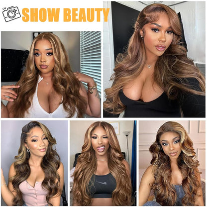 Ombre Lace Front Wig Human Hair 4/27 13X4 Body Wave Highlight Lace Front Wig Human Hair Pre Plucked with Baby Hair Honey Blonde Wig Human Hair 180% Density Colored Wigs Human Hair for Women 30 Inch