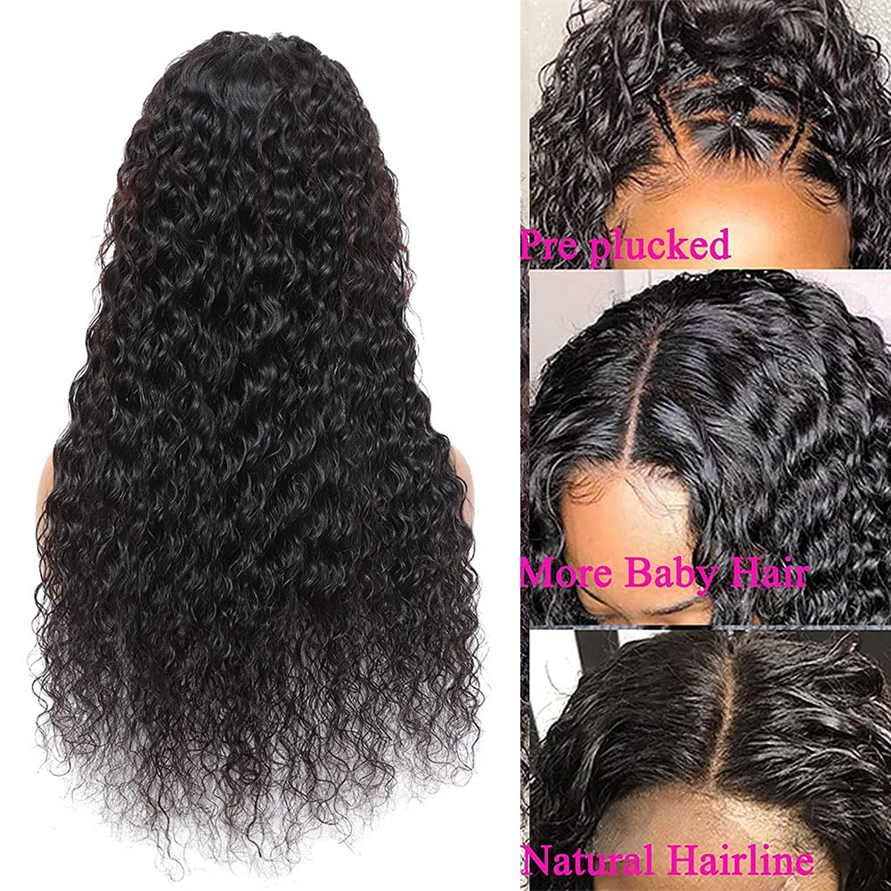 Lace Front Wigs Human Hair 4X4 Water Wave Lace Closure Brazilian 150% Density Virgin Human Hair Wigs Pre Plucked with Baby Hair Human Hair Natural Black Color Wigs for Black Women 22Inch