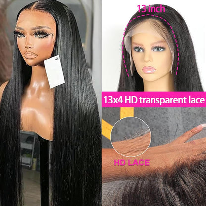 34 Inch Lace Front Wigs Human Hair 200 Density 13X4 HD Lace Front Wigs Human Hair Pre Plucked Glueless Wigs Human Hair for Women Straight Lace Frontal Wigs Human Hair Natural Color