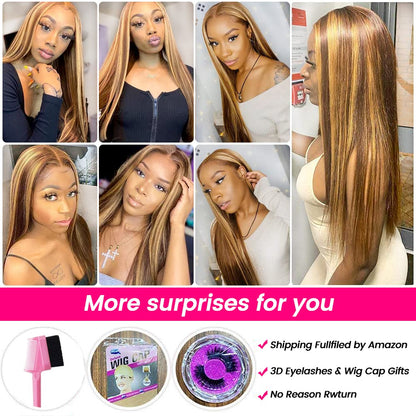 28 Inch Ombre Lace Front Wigs Human Hair Pre Plucked 13X4 HD 4/27 Highlight Lace Front Wigs 180% Density Colored Straight Lace Frontal Wigs