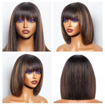 Bob Wig Human Hair with Bangs Glueless 2.5X1 HD Lace Colsure Wigs Human,Yaki Bob Wig with Brown Highlights, Ready to Go Short Wigs for Women Beginner Friendly