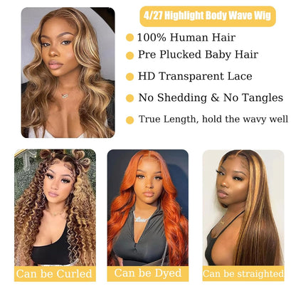 Ombre Lace Front Wig Human Hair 4/27 13X4 Body Wave Highlight Lace Front Wig Human Hair Pre Plucked with Baby Hair Honey Blonde Wig Human Hair 180% Density Colored Wigs Human Hair for Women 30 Inch