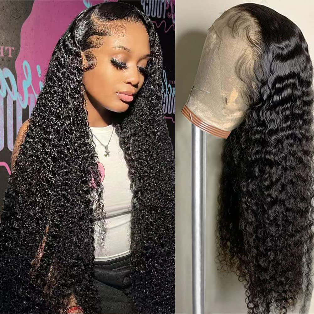 28 Inch Deep Wave Lace Front Wigs Human Hair 13X4 HD Transparent Lace Frontal Wigs Human Hair for Women Brazilian Curly Glueless Wigs Human Hair Pre Plucked Natural Black Color