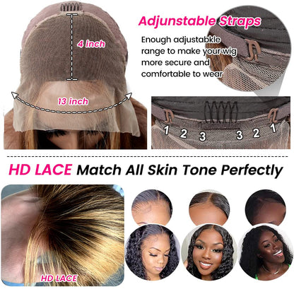 28 Inch Ombre Lace Front Wigs Human Hair Pre Plucked 13X4 HD 4/27 Highlight Lace Front Wigs 180% Density Colored Straight Lace Frontal Wigs