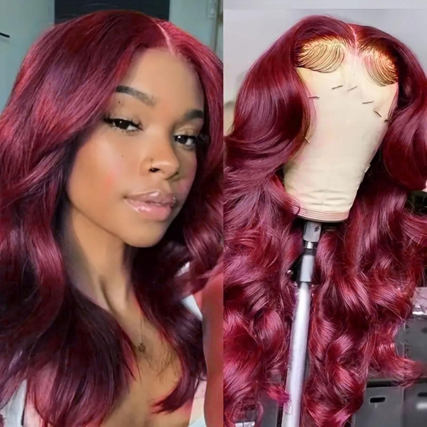 Wine Red Body Wave Wigs Human Hair, Auburn Lace Long Curly Wigs, Body Wave Wigs Glueless Human Hair Wigs, Large Wave Human Hair Wig Headcover, Women'S Long Curly Hair (26 Inch)