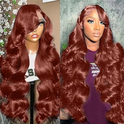 Reddish Brown HD Lace Front Wigs Human Hair, Auburn Lace Long Curly Wigs, Body Wave Wigs Glueless Human Hair Wigs, Large Wave Human Hair Wig Headcover, Women'S Long Curly Hair (27.5 Inch)