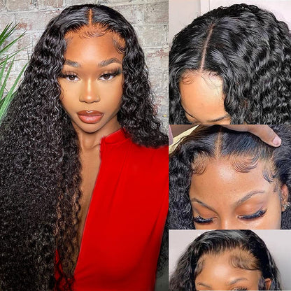 Human Hair Lace Front Wigs 28 Inch Water Wave Lace Closure Wigs 4X4 HD Transparent Lace Front Wigs Human Hair Wet and Wavy Curly Lace Wigs Free Part with Baby Hair 180% Density Natural Black