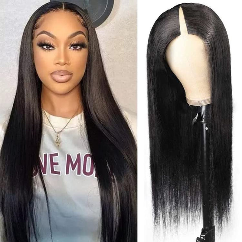 V Part Wigs Human Hair Straight Brazilian Human Hair Wigs for Black Women Upgrade U Part Wigs No Leave Out No Sew in NO Glue 150% Density Natural Color (22Inch, Natural Black)