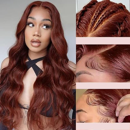 Reddish Brown HD Lace Front Wigs Human Hair, Auburn Lace Long Curly Wigs, Body Wave Wigs Glueless Human Hair Wigs, Large Wave Human Hair Wig Headcover, Women'S Long Curly Hair (27.5 Inch)