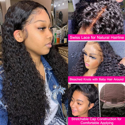 28 Inch Deep Wave Lace Front Wigs Human Hair 13X4 HD Transparent Lace Frontal Wigs Human Hair for Women Brazilian Curly Glueless Wigs Human Hair Pre Plucked Natural Black Color