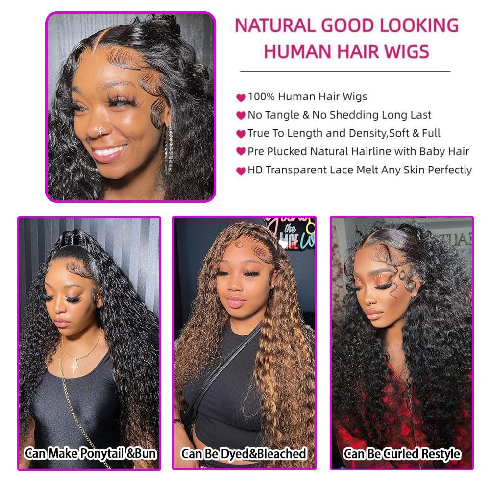 13X6 Deep Wave Lace Front Wigs Human Hair 220 Density Deep Curly Lace Front Wigs Human Hair Glueless Transparent Lace Frontal Wig for Women Pre Plucked with Baby Hair Natural Black (26 Inch)