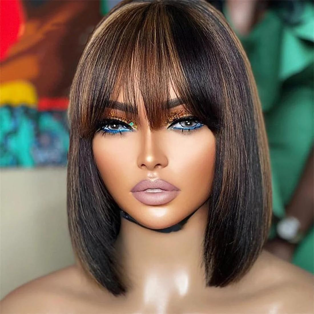 Bob Wig Human Hair with Bangs Glueless 2.5X1 HD Lace Colsure Wigs Human,Yaki Bob Wig with Brown Highlights, Ready to Go Short Wigs for Women Beginner Friendly