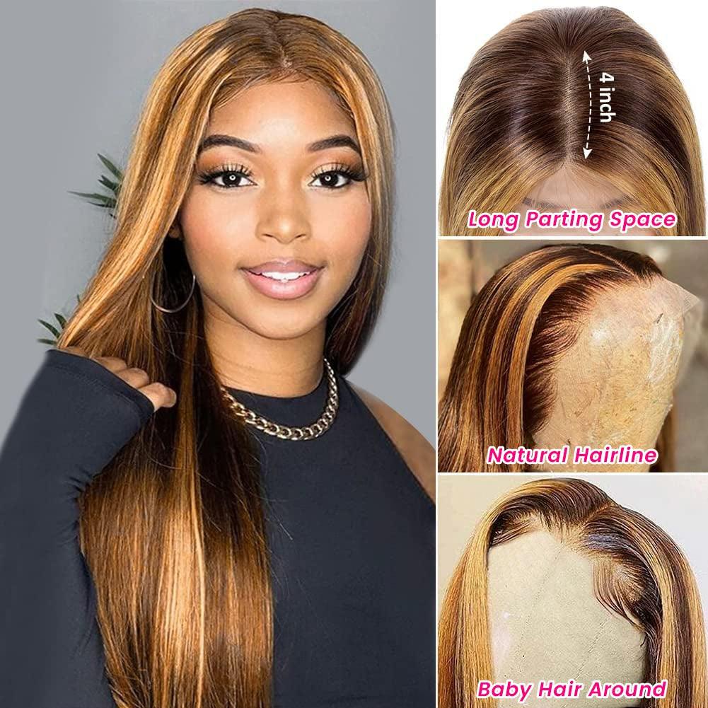 28 Inch Ombre Lace Front Wigs Human Hair Pre Plucked 13X4 HD 4/27 Highlight Lace Front Wigs 180% Density Colored Straight Lace Frontal Wigs