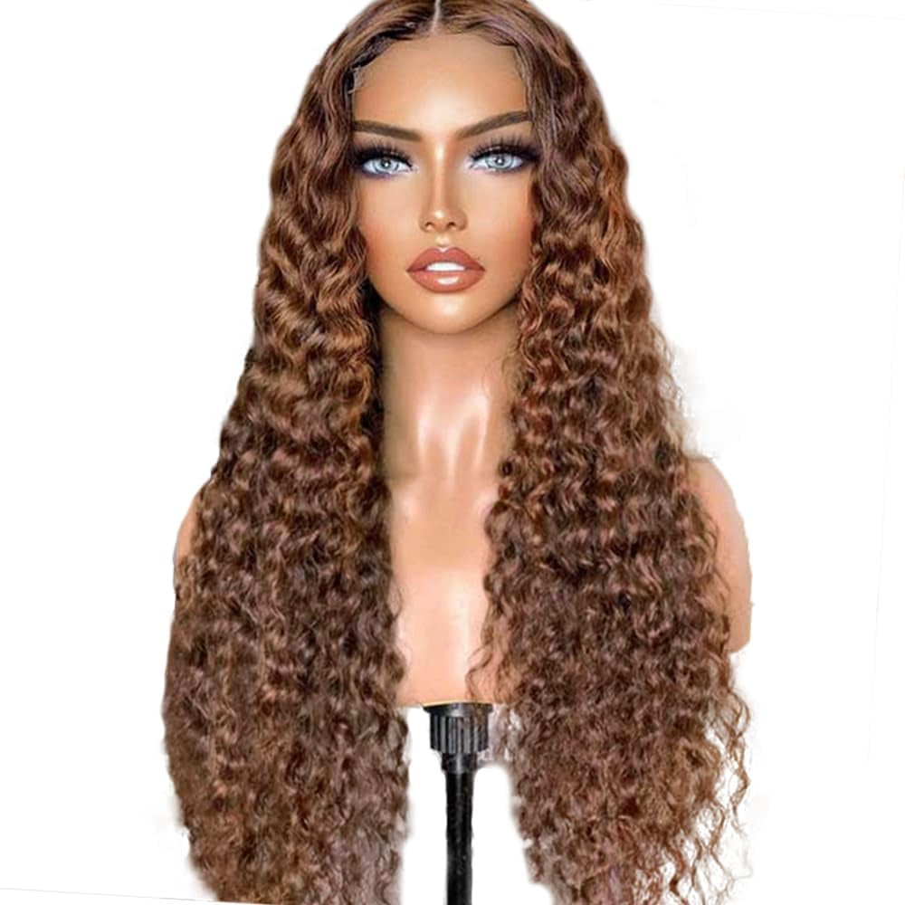 Chocolate 20 Inch Curly Human Hair Wig 13X6 Lace Frontal Deep Wave Human Hair Wig Pre Plucked Pre Cut Lace Frontal Glueless Wigs Elastic Band 200% Density