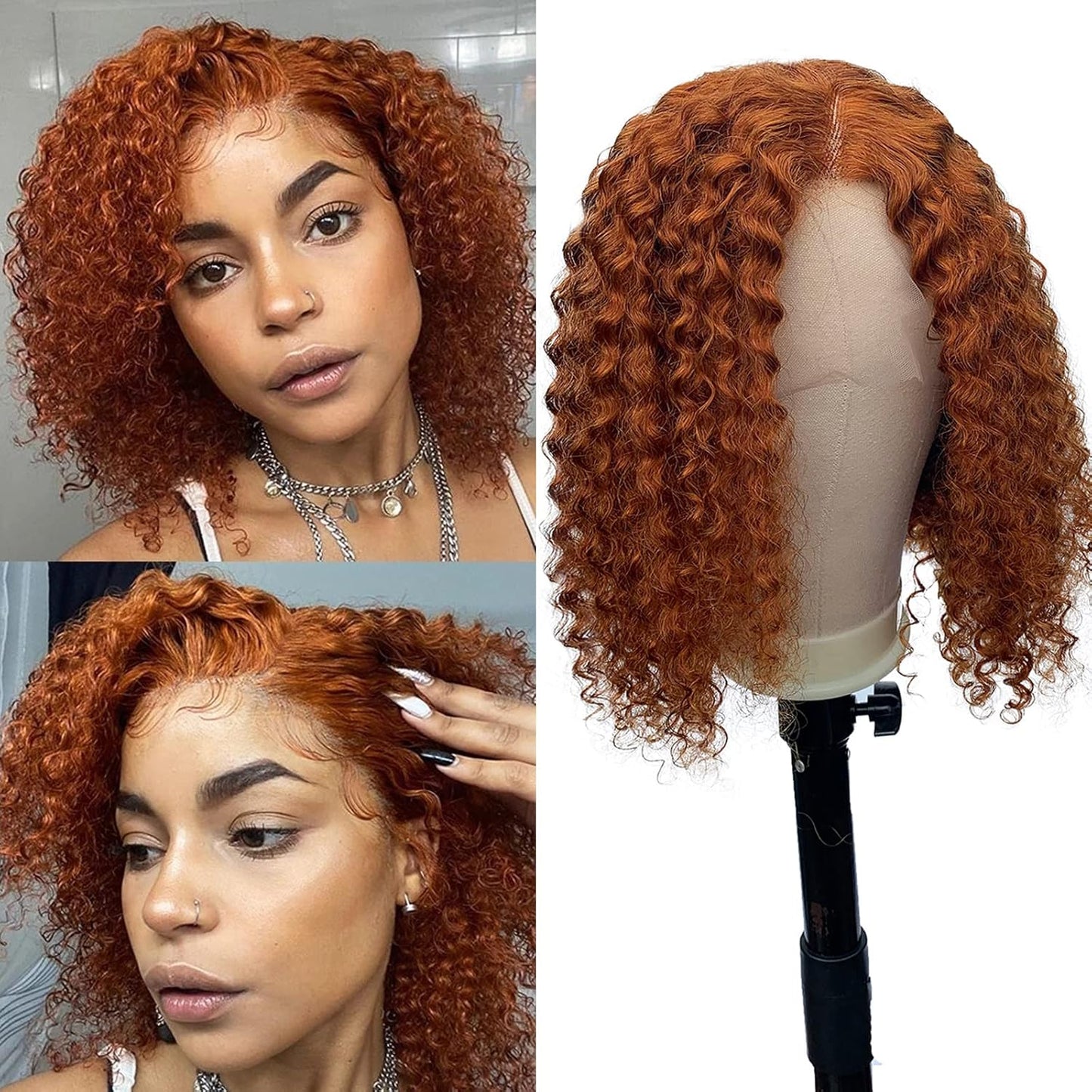 Short Curly Ginger Lace Front Wigs Side Part Bob Wig Human Hair T Part 12 Inch Ginger Lace Front Human Hair Wigs Pre Plucked Curly Wave Ginger Wig for Women