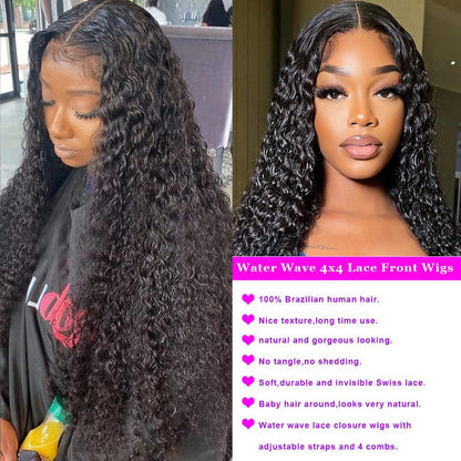 Human Hair Lace Front Wigs 28 Inch Water Wave Lace Closure Wigs 4X4 HD Transparent Lace Front Wigs Human Hair Wet and Wavy Curly Lace Wigs Free Part with Baby Hair 180% Density Natural Black