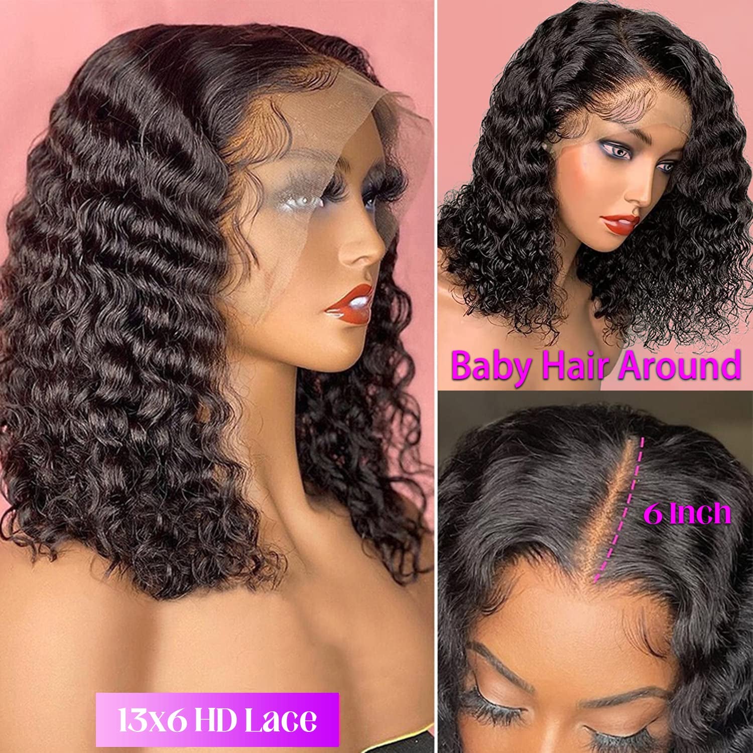 Deep Wave Lace Front Wigs Human Hair 180% Density Curly Lace Frontal Wigs Human Hair Wigs for Black Women HD Transparent Wet and Wavy Glueless Wigs Human Hair Pre Plucked with Baby Hair (14Inch)