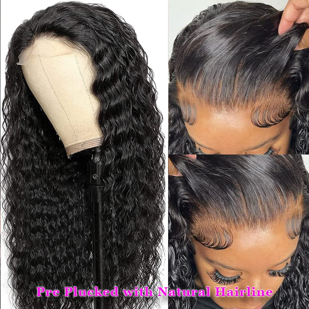 Human Hair Lace Front Wigs 28 Inch Water Wave Lace Closure Wigs 4X4 HD Transparent Lace Front Wigs Human Hair Wet and Wavy Curly Lace Wigs Free Part with Baby Hair 180% Density Natural Black