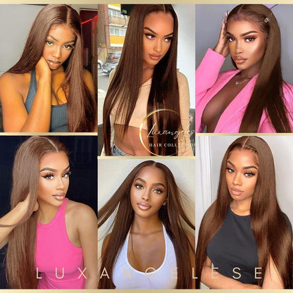 Brown Straight Chocolate Lace Front Closure Wig Straight Bob Wig 4X4 Hd Pre Plucked Hairline with Baby Hair Glueless Brown Closure Human Hair Brazilian Virgin Straight Wigs