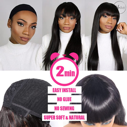 Human Hair Wigs with Bangs Brazilian Straight Wigs for Black Women Human Hair Glueless 150% Density None Lace Front Wigs Machine Made Wig Natural Color (18 Inch)